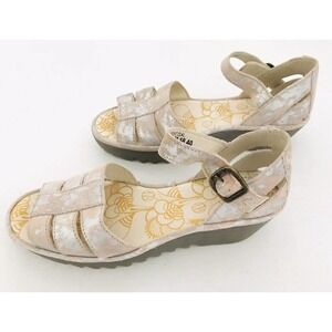Fly London | Womens Leather Rese Metallic Wedge Sandal Size 8.5 Beige